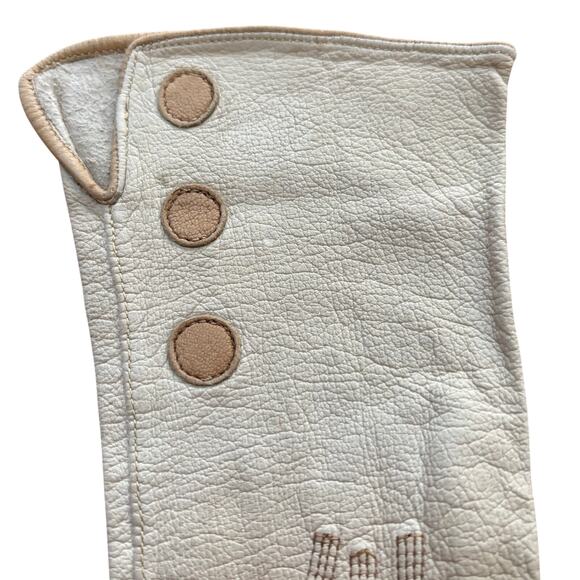 Ladies leather day or driving gloves wrist length 1920s cream & tan trim detail - Picture 2 of 8